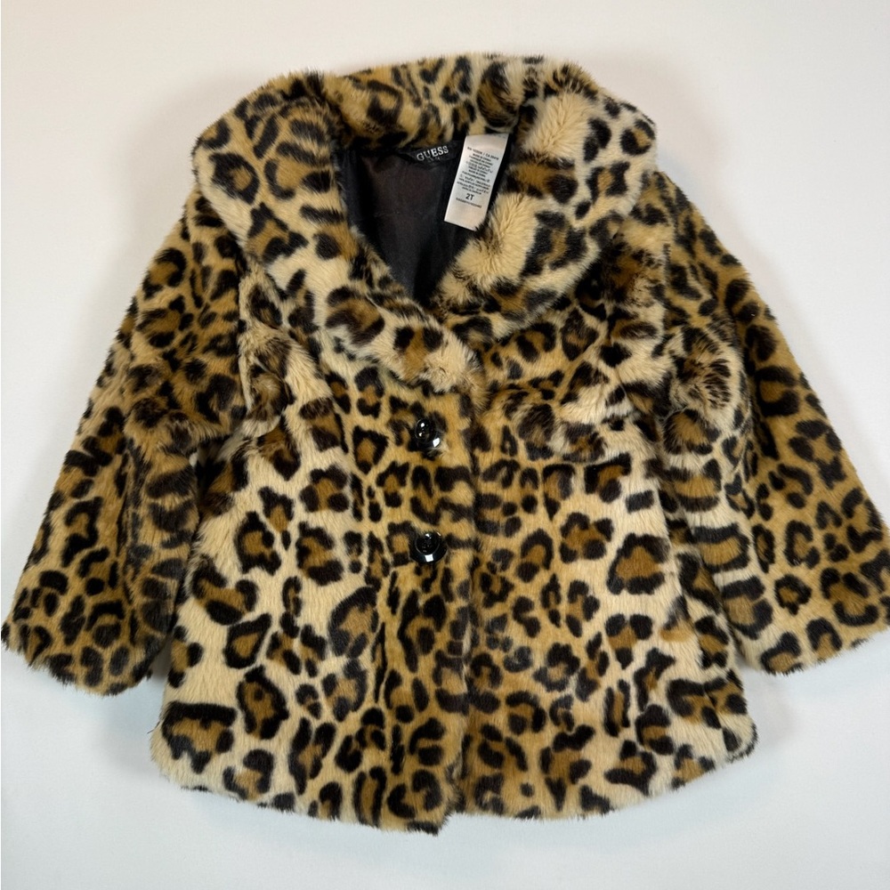 GUESS KIDS Toddler Girls’ Leopard‎ Print Faux Fur Mafia Fashion Pea Coat Size 2T